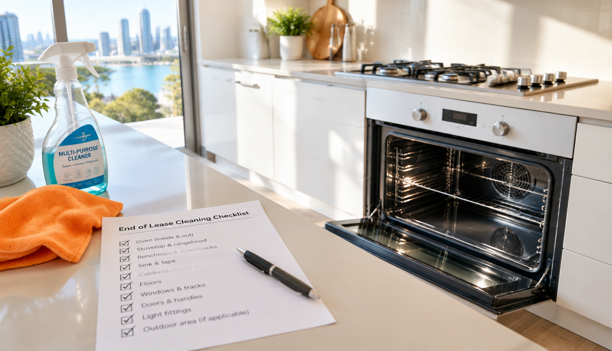 A spotless oven and kitchen benchtop in a Perth home at the end of a lease, with a printed bond cleaning checklist, pen and orange cleaning cloth on the bench.