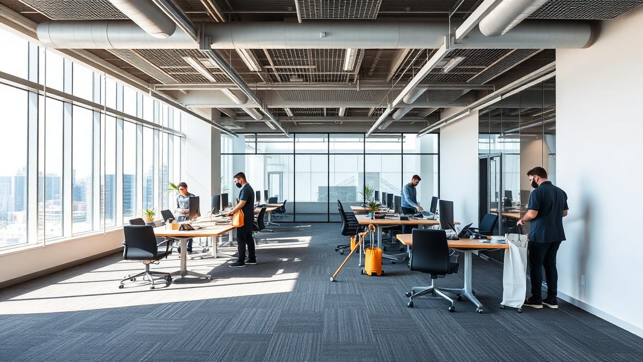 Professional commercial cleaners servicing a modern Perth office with city views.